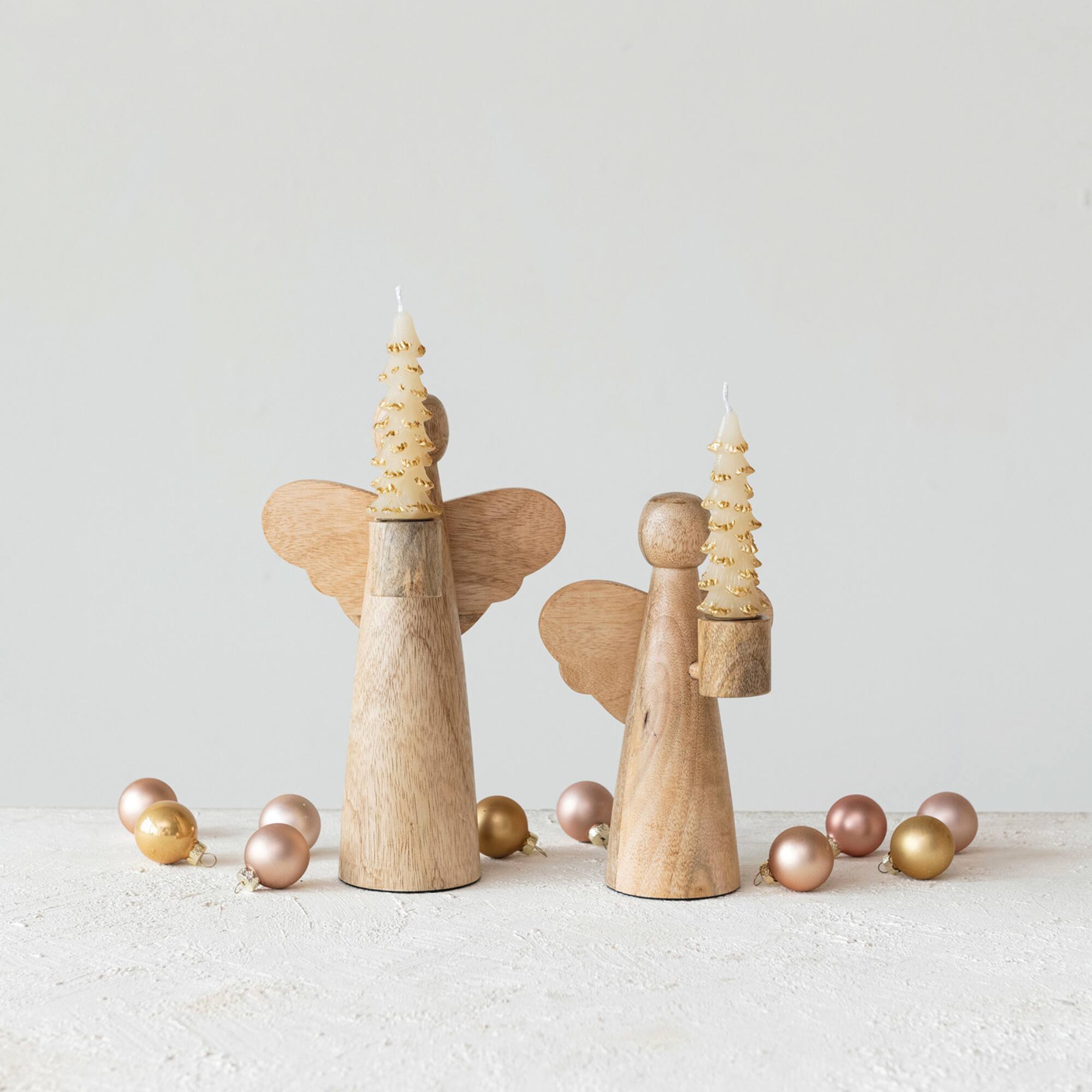 Hello Honey® 10" Natural Tall Mango Wood Angel Taper Candle Holder